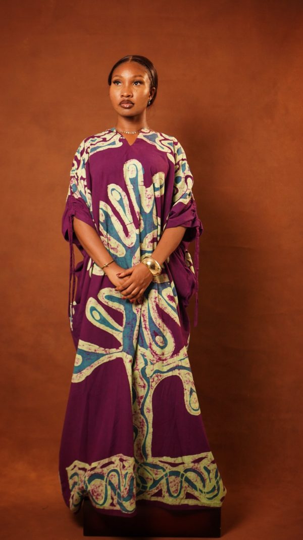 Kale Boubou Dress - Intricate Freehand Dye Print - Purple