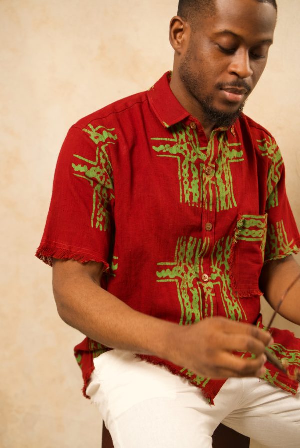 Uncle Print Frilled Shirt - Red & Green